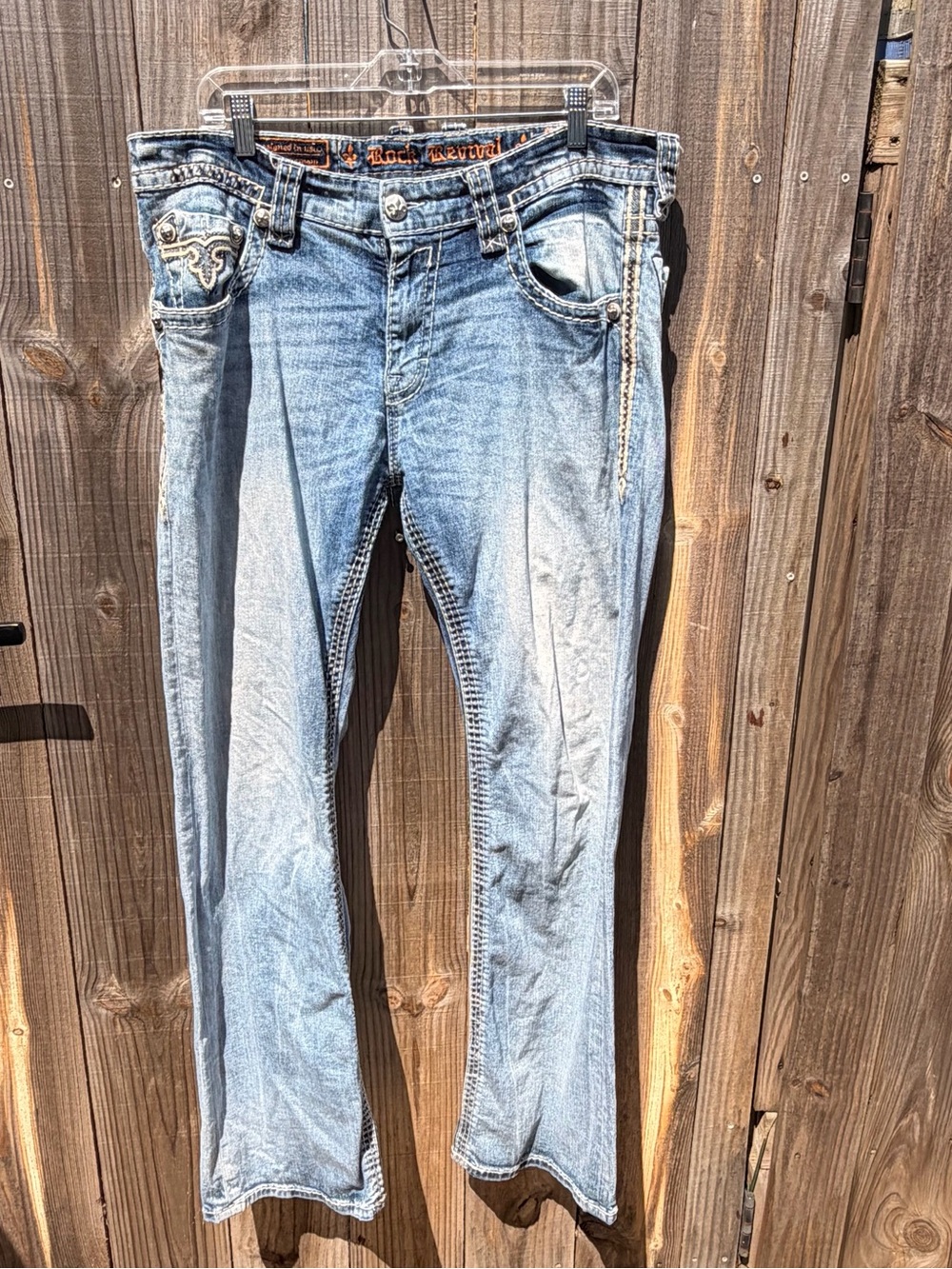 Rock Revival Light Blue Bootcut Jeans with Embroidered Pocket Size 36